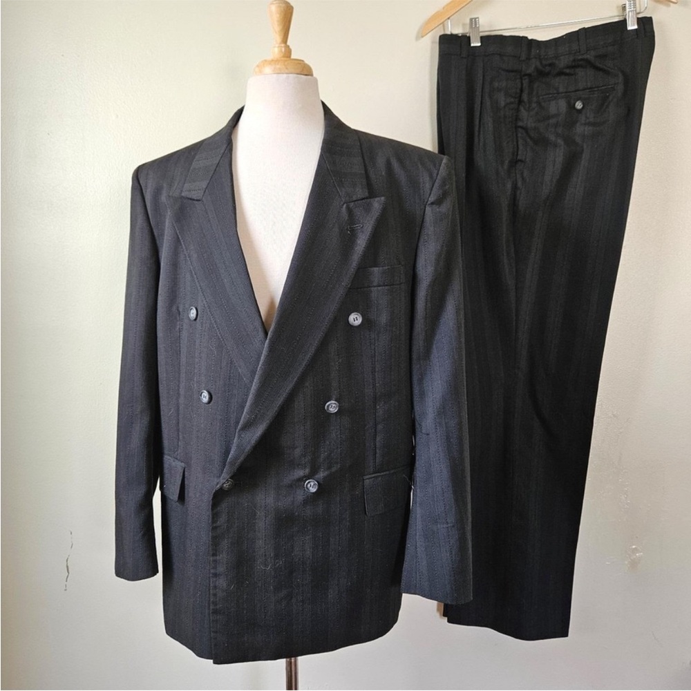 Vintage Chadmore 80s 90s Black Striped Double Breasted 2 Piece Power Suit 48R/36